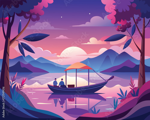 Vector art of couple enjoying a romantic sunset boat ride on a serene lake landscape