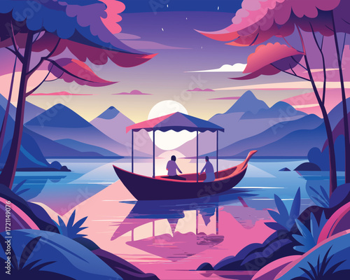 Vector art of boat ride at sunset on a calm lake surrounded by mountains and trees