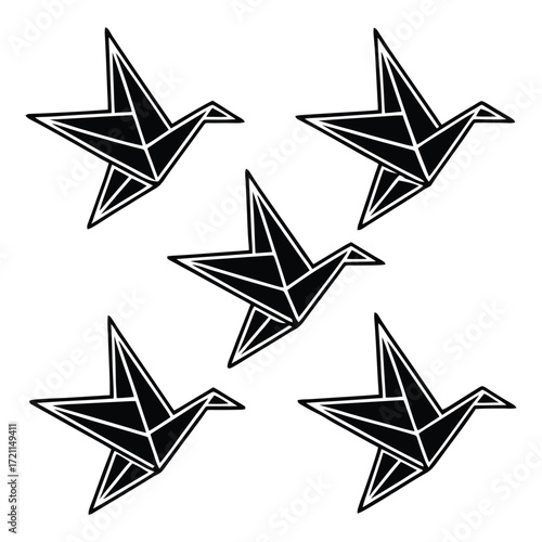 Five geometric origami cranes in mid flight artistic design elements