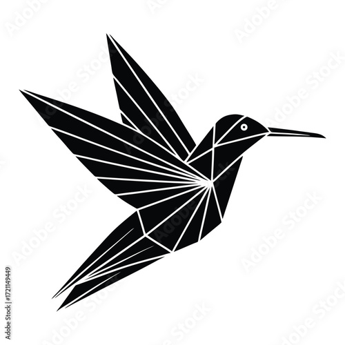 Geometric origami hummingbird flying artistic design simple black and white