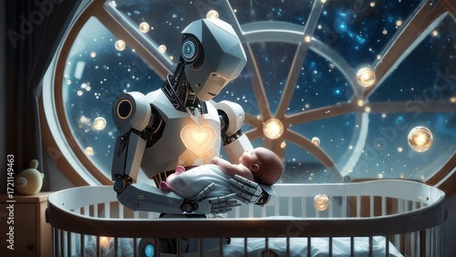 A robot tenderly cradles a baby near a window at night