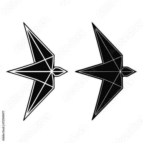 Geometric origami bird silhouettes flying swiftly with sharp angled wings design element 