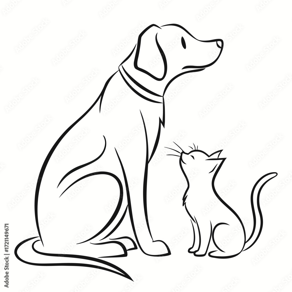 Fototapeta premium A dog and a cat sitting side by side, a simple line drawing.