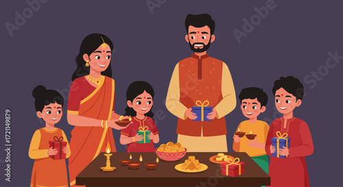 This flat design illustration captures the heartwarming scene of an Indian family celebrating Diwali, sharing gifts and sweets under the glow of traditional diyas. It beautifully represents the joy.