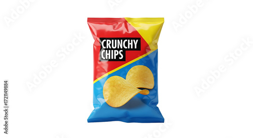 Snack-sized potato chips bag standing upright, crisp and modern look, isolated on white.