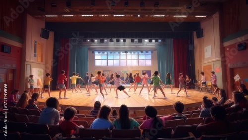 A school auditorium filled with children performing a dance