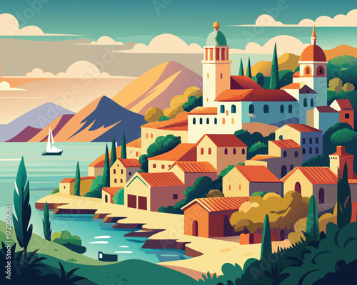 Vector art of picturesque mediterranean town on the coast with mountains in the background