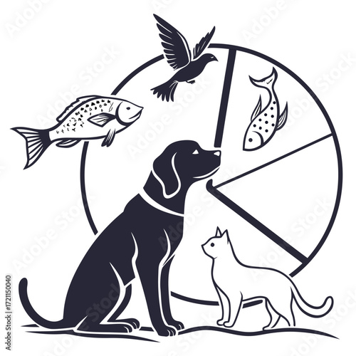 Dog cat bird fish pie chart Pet food diet infographic Vector illustration Simple design Isolated on white background