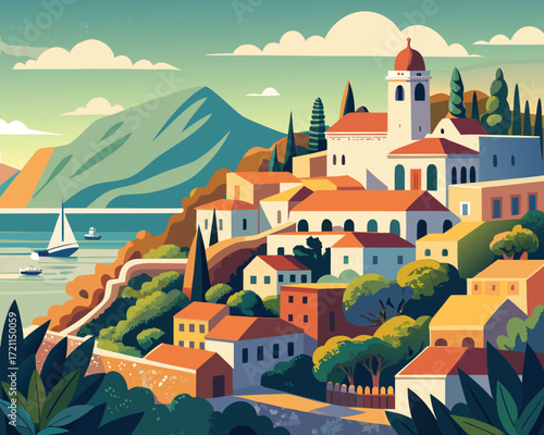 Vector art of picturesque coastal town with redroofed buildings and sailboats on the water
