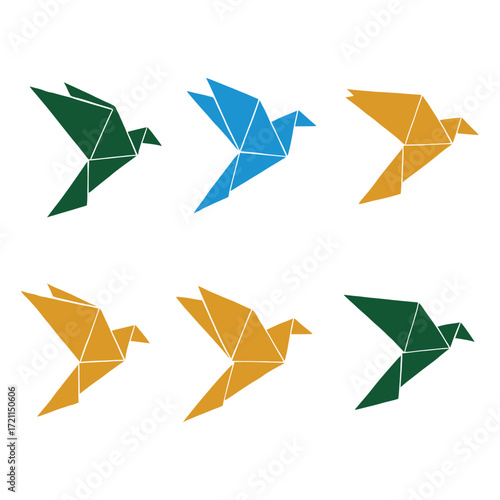 Six colorful origami birds flying in formation with geometric folded wings 