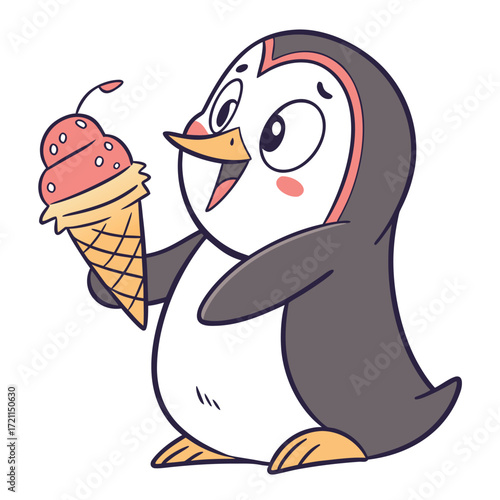 Cute penguin holding ice cream cone Summer dessert treat Cartoon character illustration Vector graphic design Isolated on white background