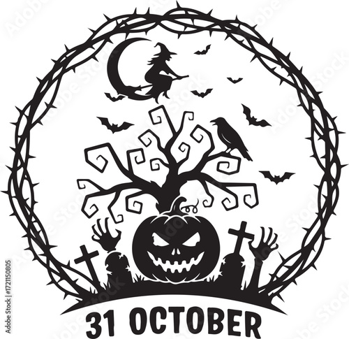 31 October Halloween Silhouette Design Spooky Jack-o'-Lantern & Witch