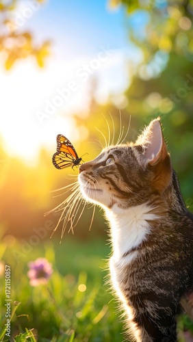 A cat gazing at a butterfly in a sunny garden