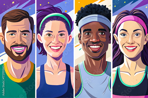 Vector set of smiling runner champions on isolated background. Perfect for sports designs, fitness posters, athlete illustrations, health concepts, marathon graphics, and motivation artwork.