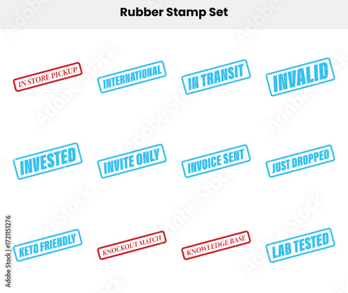 Rubber Stamp Collection with Phrases in Blue and Red Borders on White