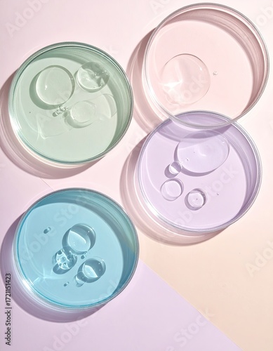 Pastel-hued petri dishes with translucent liquids and bubbles