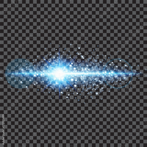 Horizontal light streak with translucent particles on transparent gray checkerboard background, digital glowing beam with radiant central glow and tapering ends