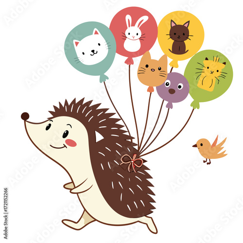 Cute hedgehog with animal balloons Cartoon illustration Childrens book design Kawaii style Isolated on white background