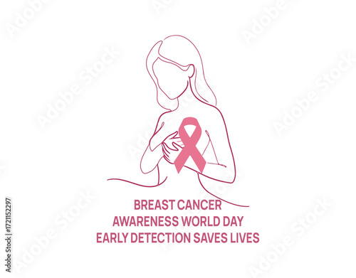 Breast cancer awareness world day poster vector illustration. A continuous line sketch of a woman checking her breasts for cancer and featuring an awareness ribbon.
