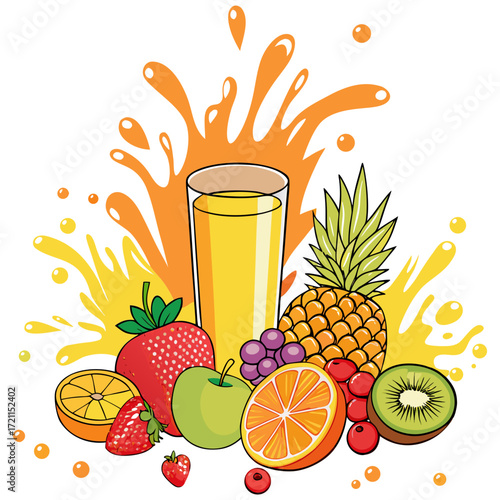 Fresh Juice Glass with Colorful Fruits - Vector Design