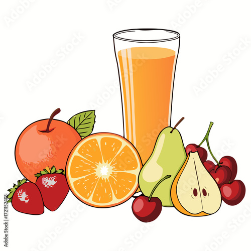 Fresh Juice Glass with Colorful Fruits - Vector Design