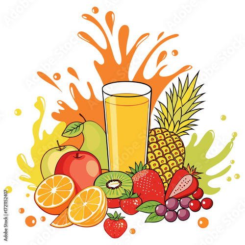 Fresh Juice Glass with Colorful Fruits - Vector Design