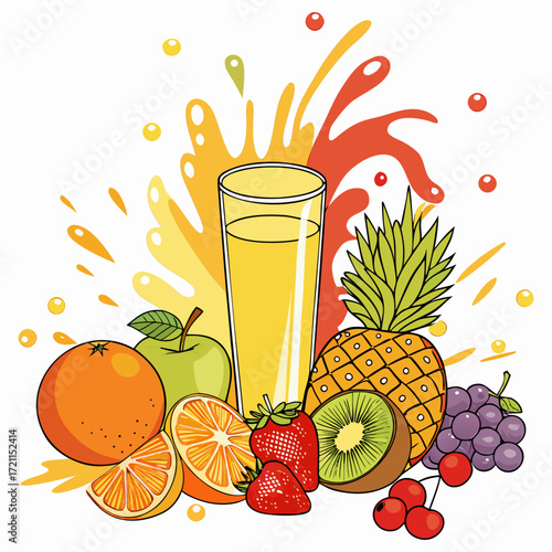 Fresh Juice Glass with Colorful Fruits - Vector Design