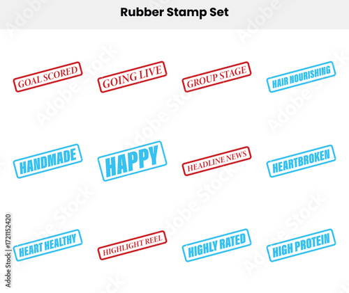 Rubber Stamp Set with Phrases Goal Scored, Going Live, Happy, Headline News, Handmade