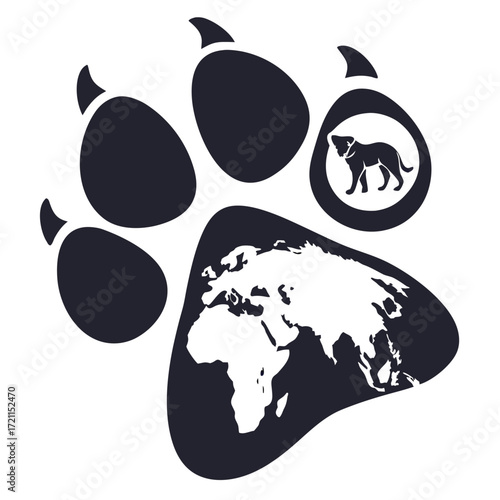 Dog paw print world map graphic design element Pet adoption concept Vector illustration Isolated on white background