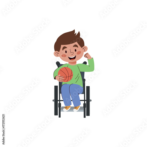 Vector illustration of a smiling boy in a wheelchair holding a basketball and flexing arm. Concept of inclusion, disability, diversity, sport and motivation. Cartoon character for education, health