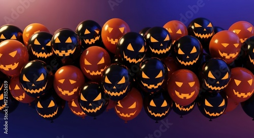 Eerie array of grinning jack-o'-lantern balloon faces for a spooky halloween celebration