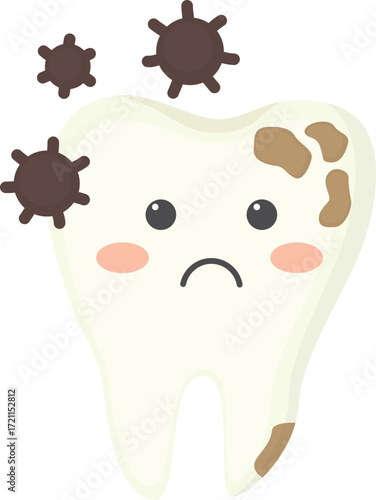 Sad tooth with brown stains and harmful bacteria nearby. Cute dental character with caries