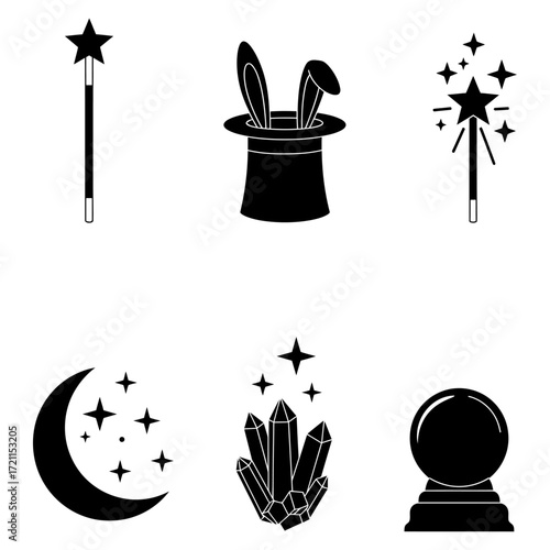 Magic Icon Set Mystical Collection of Wand, Rabbit Hat, Moon, Crystals and Crystal Ball