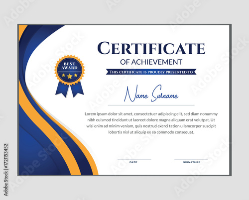 Professional certificate of achievement award document with blue and gold decorative elements