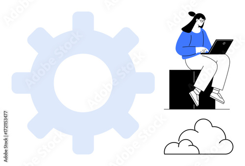 Woman sitting with laptop, large gear shape, and cloud outline representing technology, work, and innovation. Ideal for digital tools, remote work, cloud computing, productivity IT management