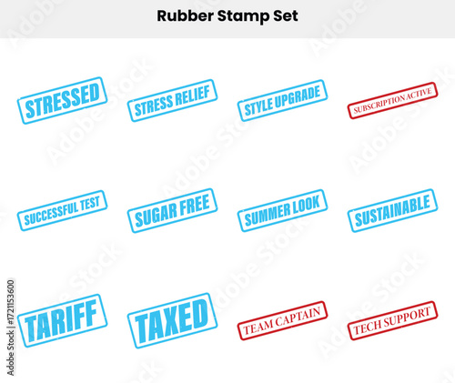 Variety of Rubber Stamps with Text on White Background in Blue and Red Colors