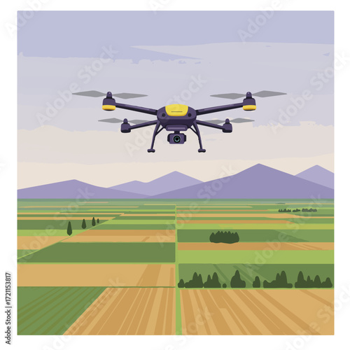 Drone flies over fields with mountains in the distance and a cloudy sky