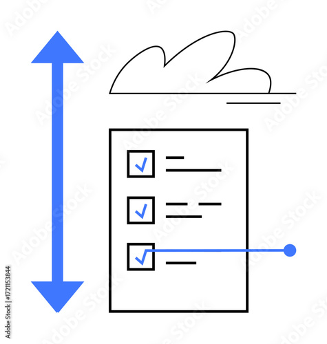 Checklist with marked tasks, upward-downward arrow for size adjustment, and cloud icon. Ideal for organization, planning, productivity, task tracking, scheduling, workflow management project