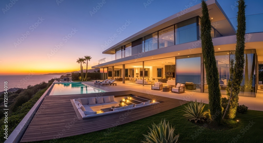 Fototapeta premium Modern villa with infinity pool overlooking the sea during a colorful sunset scene creating a