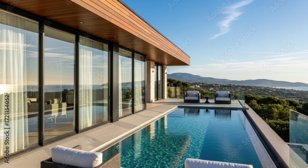 Fototapeta premium Serene luxury villa featuring an infinity pool with expansive ocean and mountain views