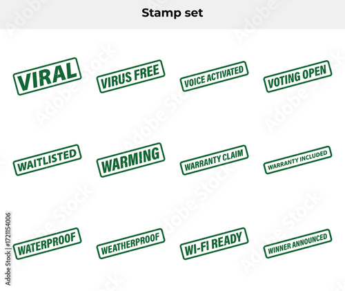 Green Grunge Rubber Stamp Set with Viral, Virus Free, Voice Activated Texts