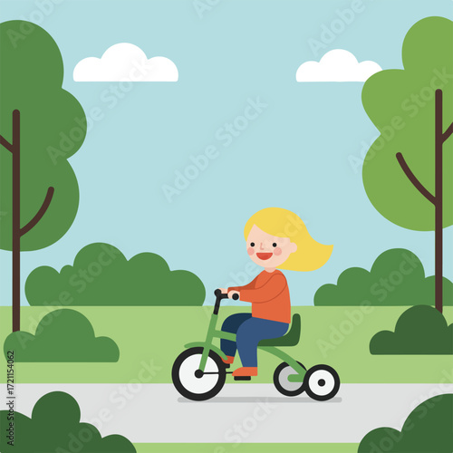 Flat vector of girl on tricycle in park