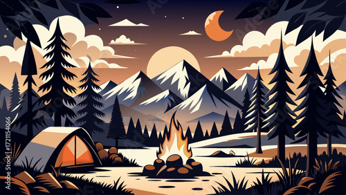 Black and white camping scene featuring mountains, trees, and bonfire, minimalist outdoor illustration, peaceful wilderness atmosphere, perfect for adventure-inspired designs, posters, or nature-theme