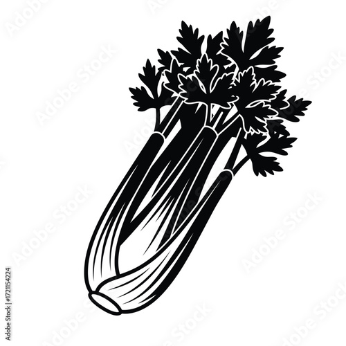 Fresh celery stalks with green leaves hand drawn style healthy food ingredient silhouette