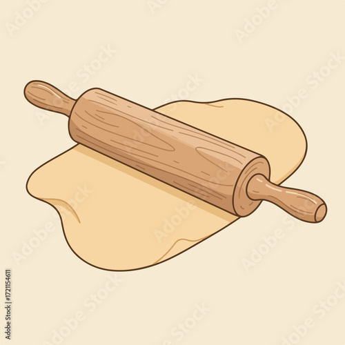 Cartoon rolling pin rests on dough, neutral background