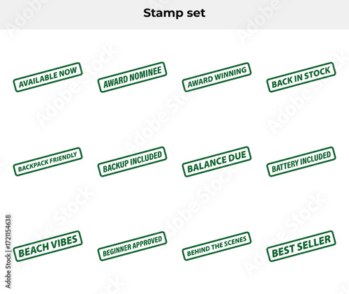 Green Rectangular Rubber Stamp Set with Various Texts on White Background