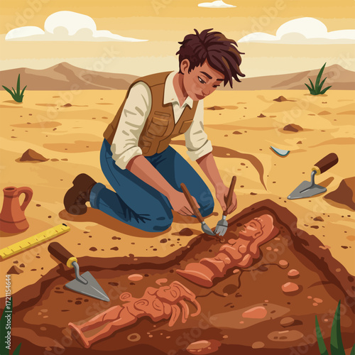 Archeologist carefully unearthing ancient artifacts in a desert landscape