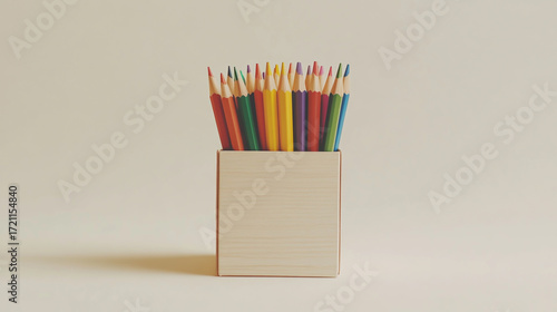A collection of colored pencils in a square wooden box, showcasing a variety of vibrant hues and artistic tools isolated on white background