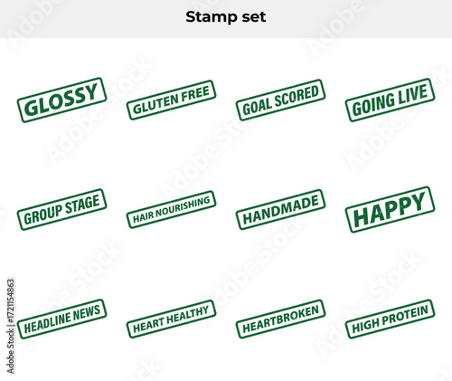 Green Rubber Stamp Set Featuring Glossy, Gluten Free, Goal Scored, Happy and other word