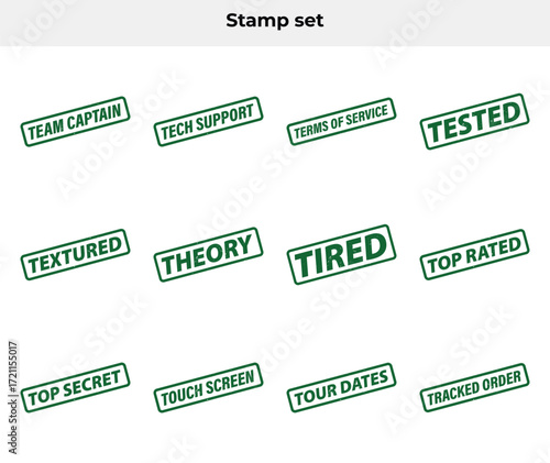Green Rubber Stamp Set with Team Captain, Tech Support, Tested, Theory and More Isolated